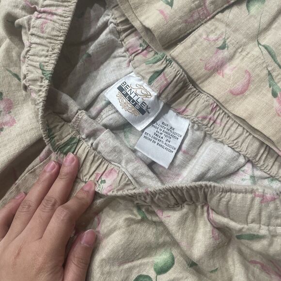 JR Bentley Plus Vintage Beige Floral Linen Shirt And Short Size 24 Set Women - Picture 7 of 9